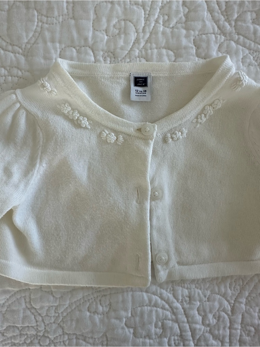 Janie and Jack Cream Knit Baby Cardigan with Tiny Floral Embroidered 12-18 mos